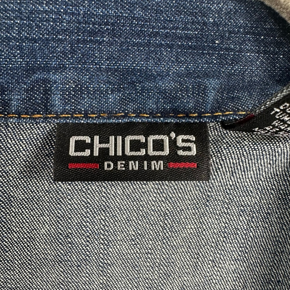 Chico's Denim Jacket Womens XL  Blue Stretch Button Front Trucker Cotton Blend - Picture 5 of 9